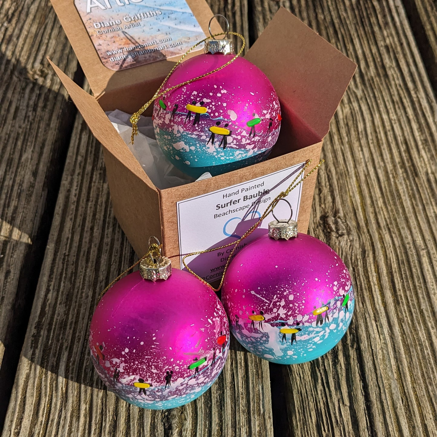 Hand Painted Bauble - Surfer - Pink - Customise Text