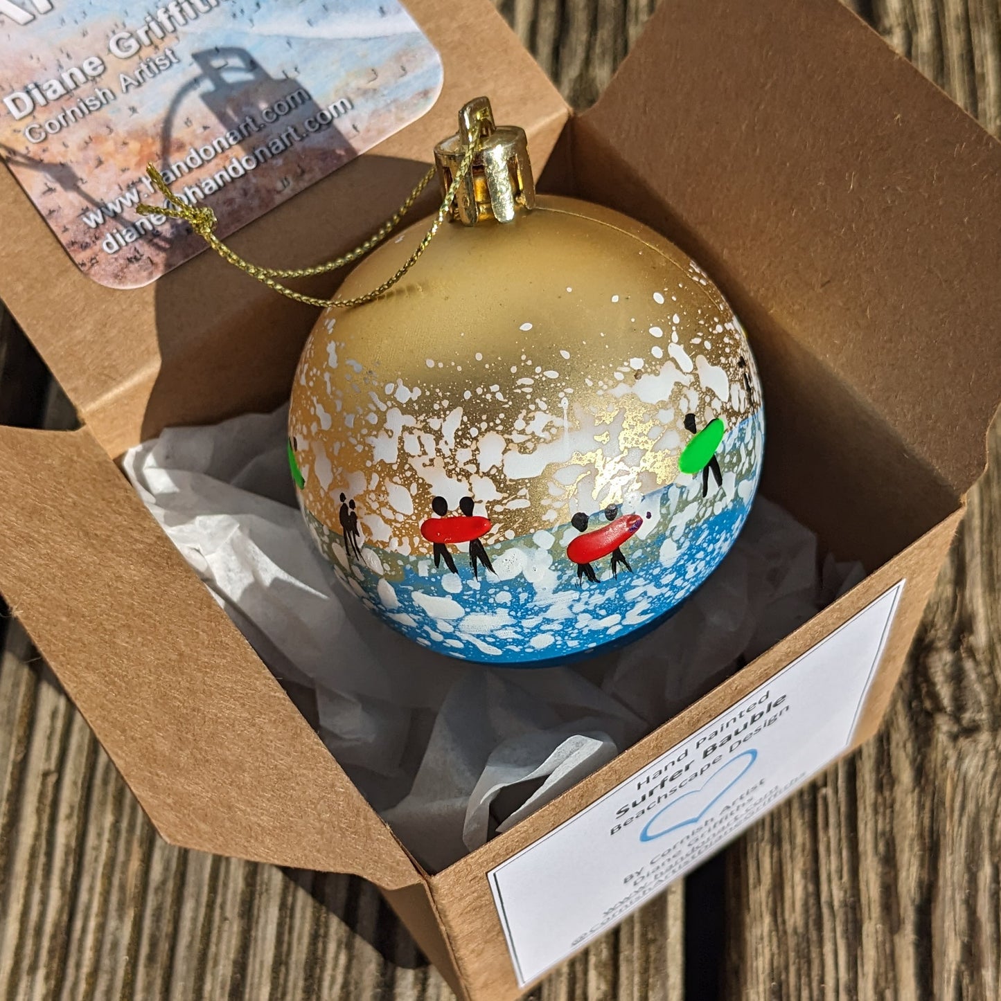 Hand Painted Bauble - Surfer - Gold - Customise Text