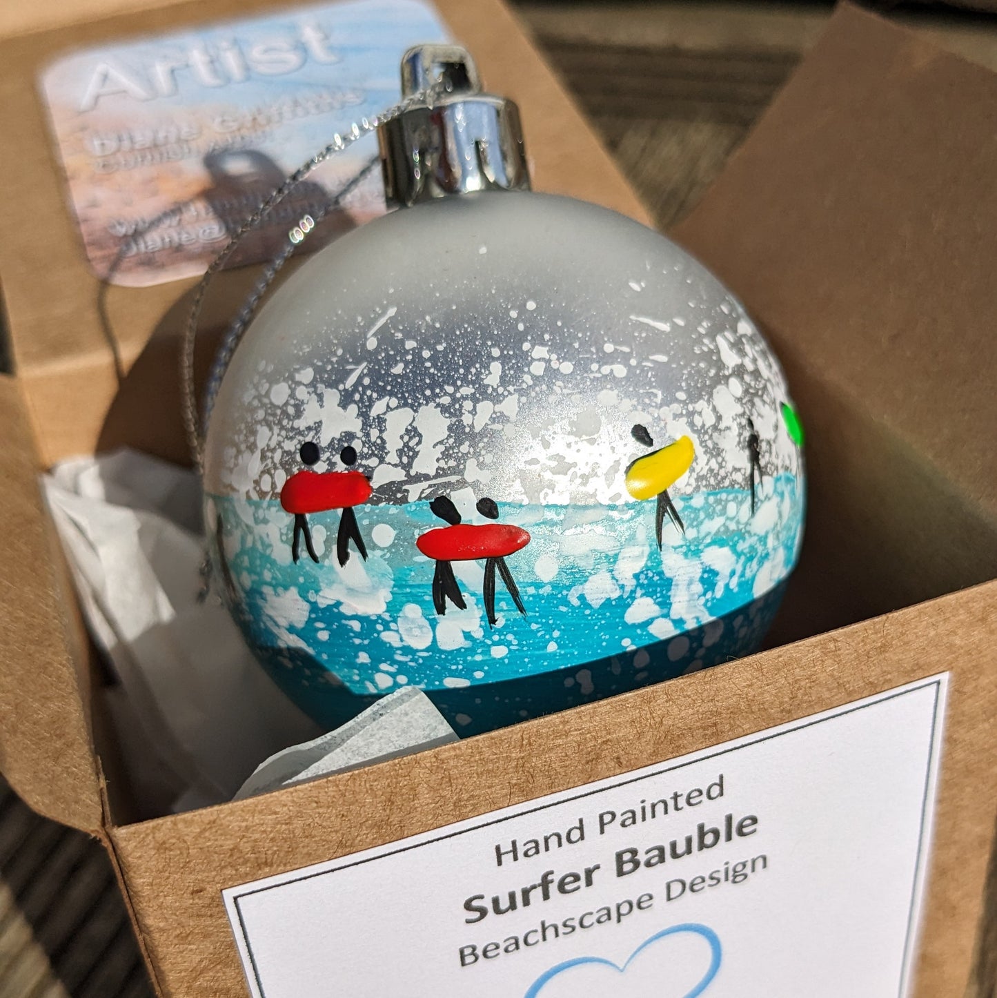 Hand Painted Bauble - Surfer - Silver - Customise Text