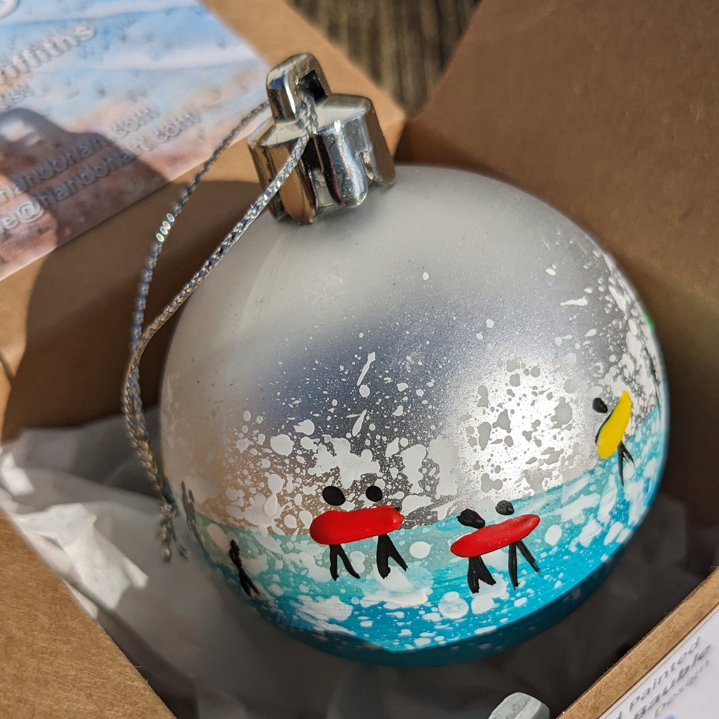 Hand Painted Bauble - Surfer - Silver - Customise Text
