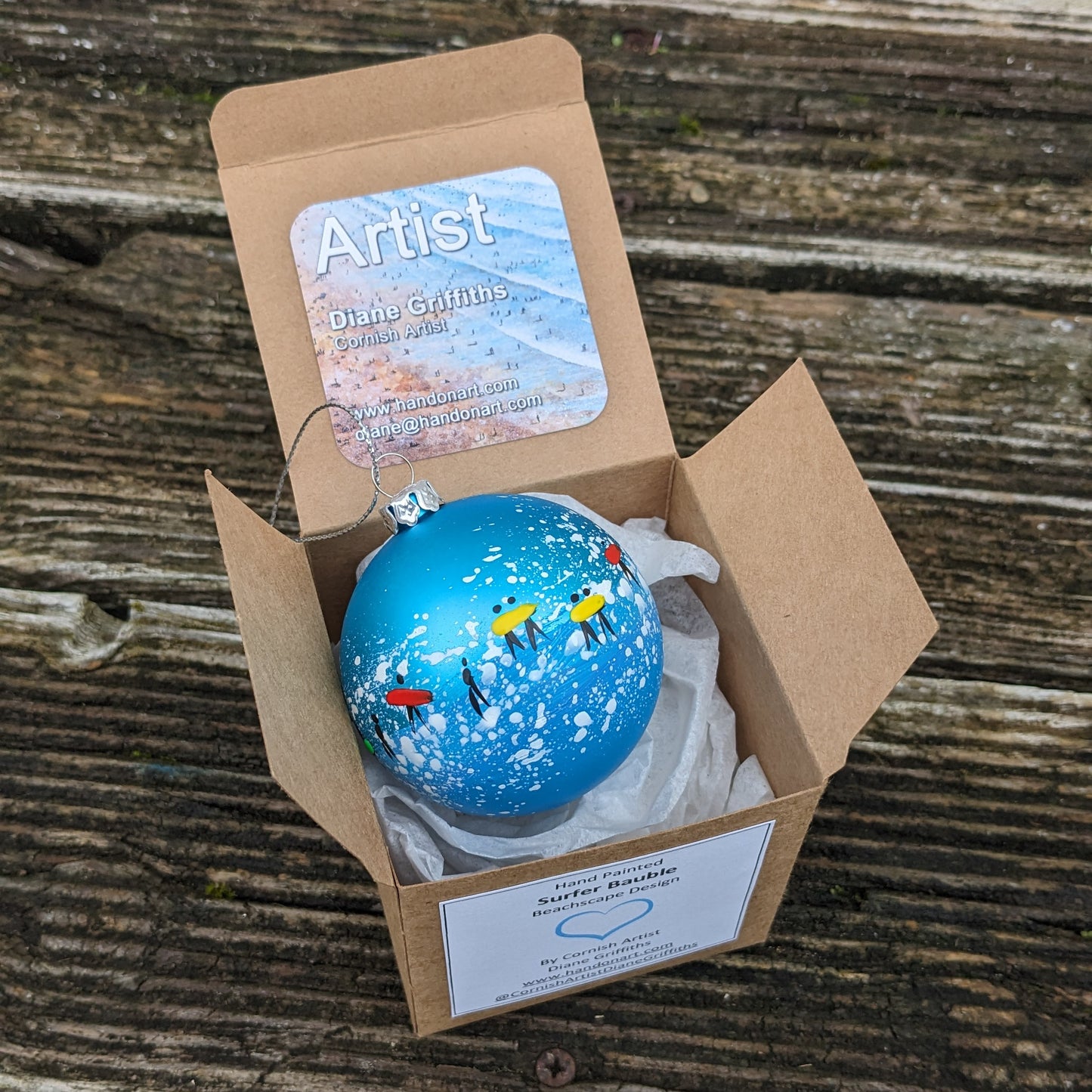 Hand Painted Bauble - Surfer - Blue - Customise Text