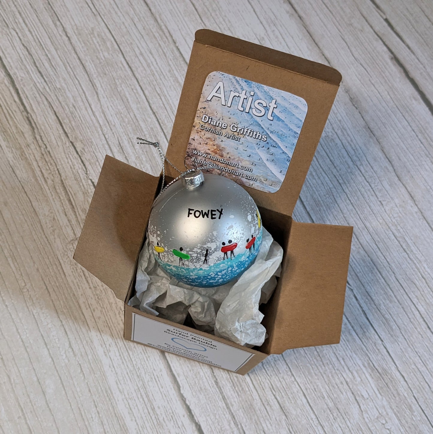 Hand Painted Bauble - Surfer - Silver - Customise Text