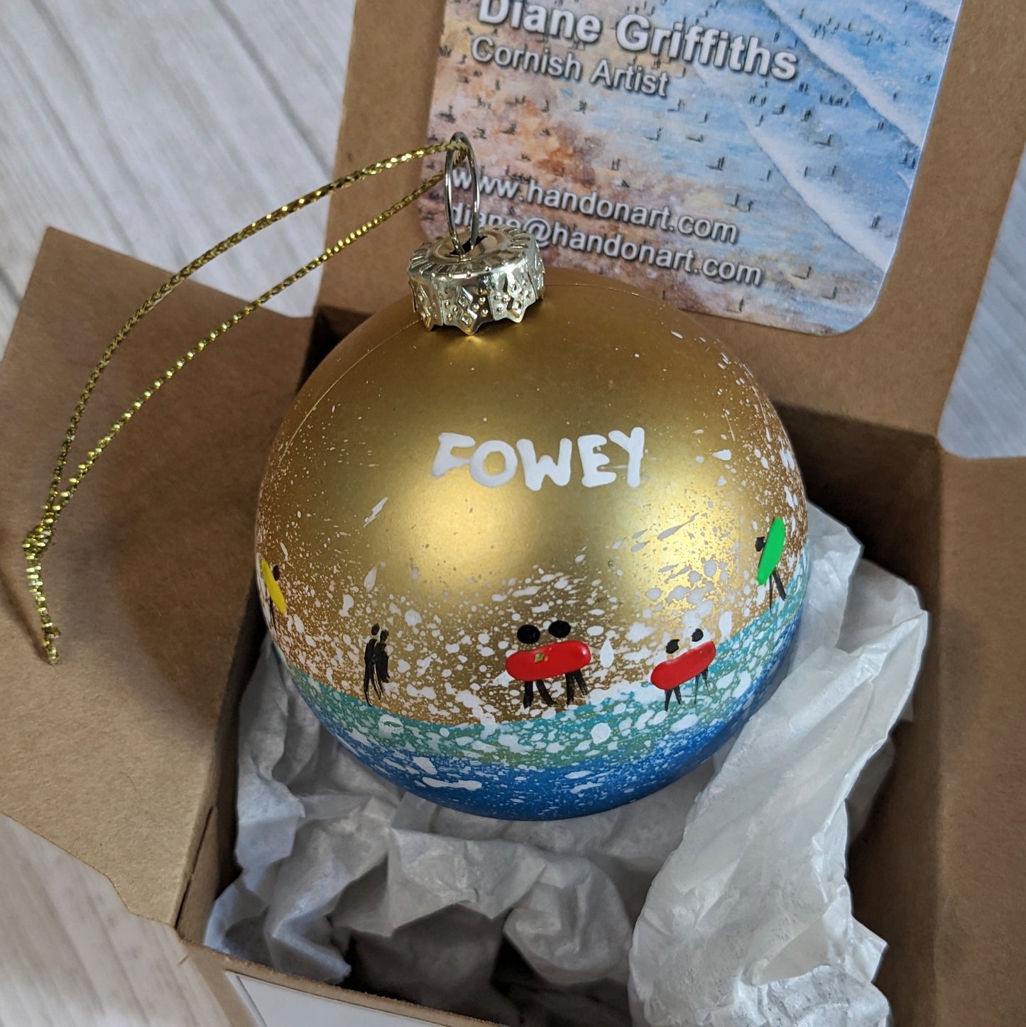 Hand Painted Bauble - Surfer - Gold - Customise Text