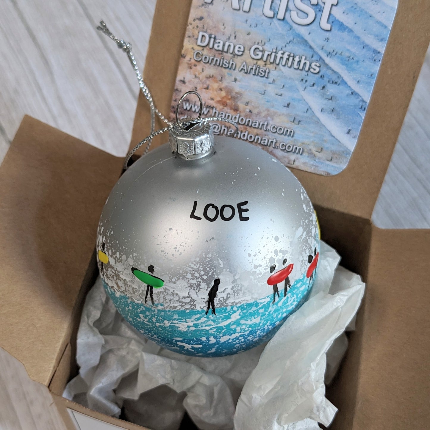 Hand Painted Bauble - Surfer - Silver - Customise Text