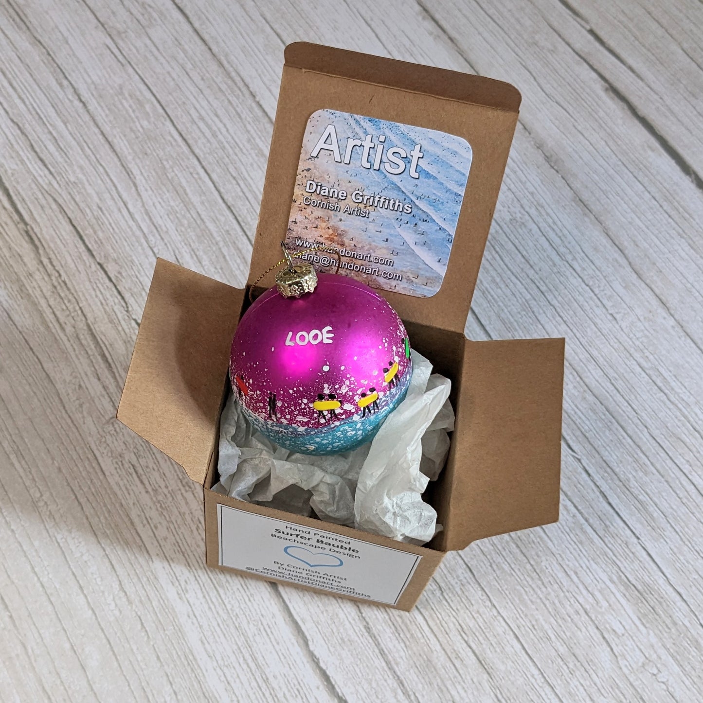 Hand Painted Bauble - Surfer - Pink - Customise Text
