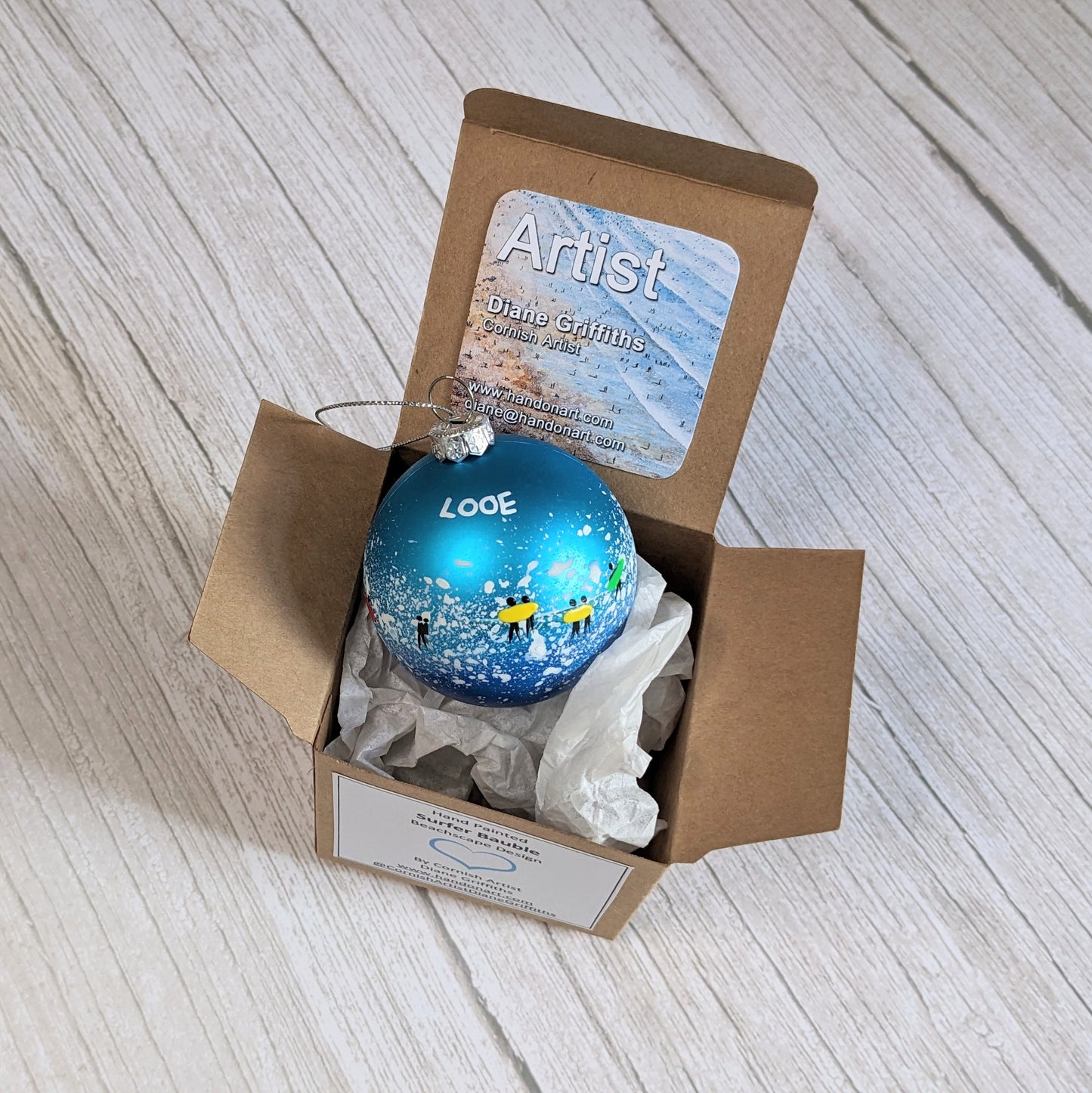 Hand Painted Bauble - Surfer - Blue - Customise Text