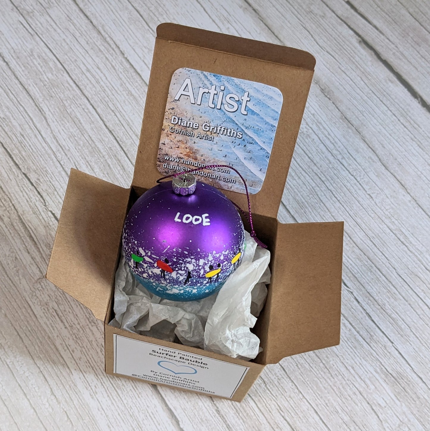Hand Painted Bauble - Surfer - Purple - Customise Text