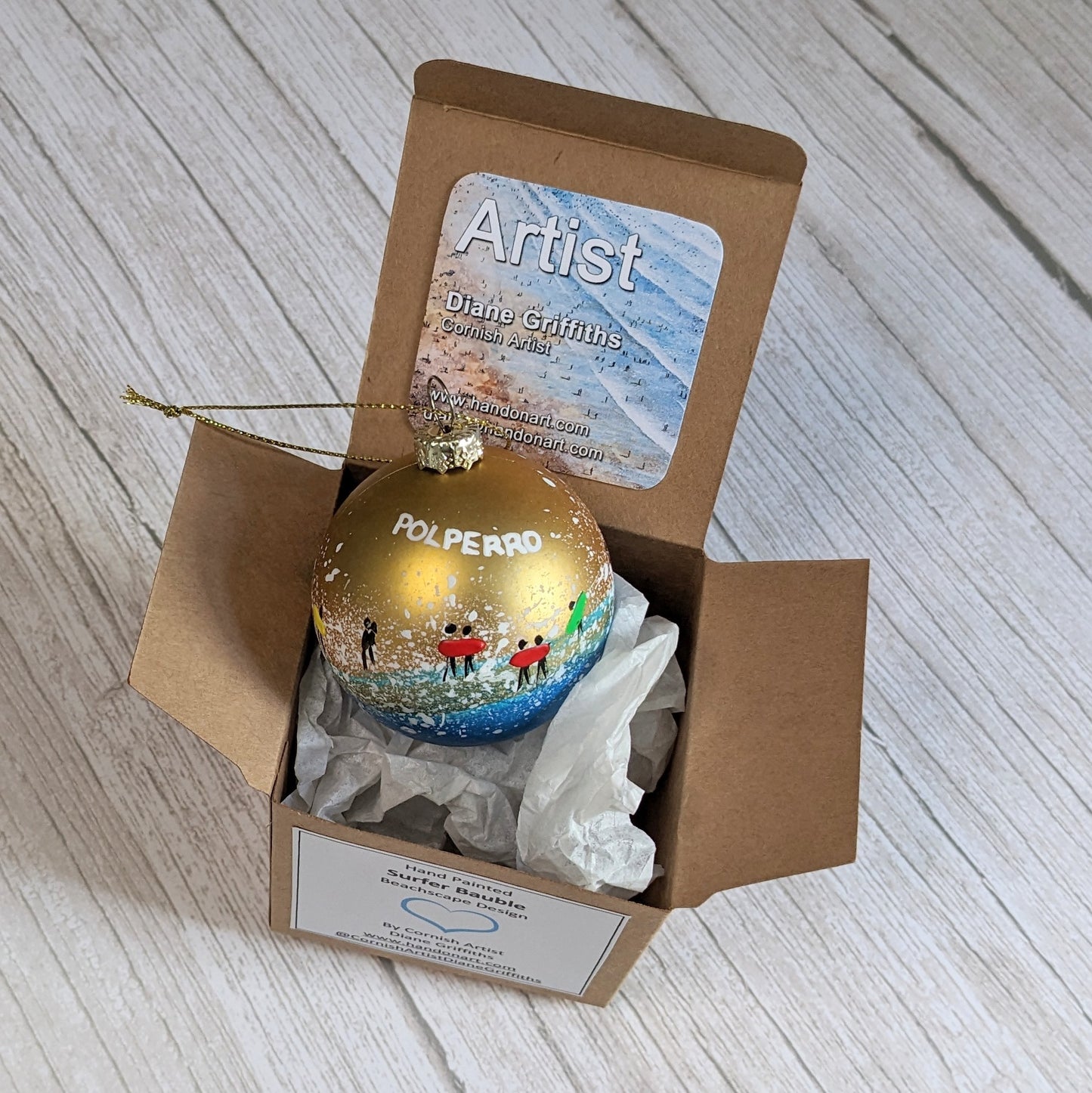 Hand Painted Bauble - Surfer - Gold - Customise Text