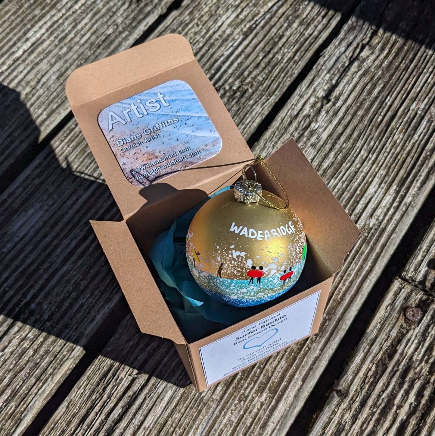 Hand Painted Bauble - Surfer - Gold - Customise Text