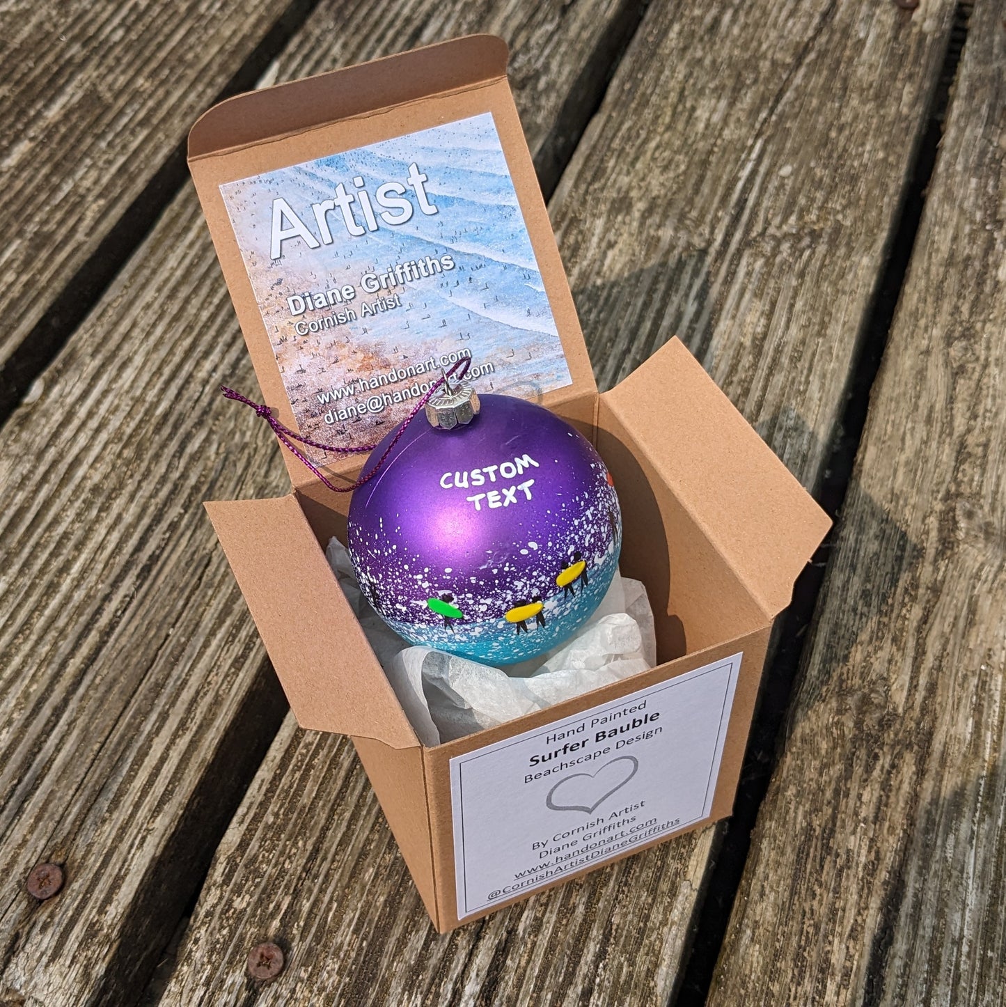 Hand Painted Bauble - Surfer - Purple - Customise Text