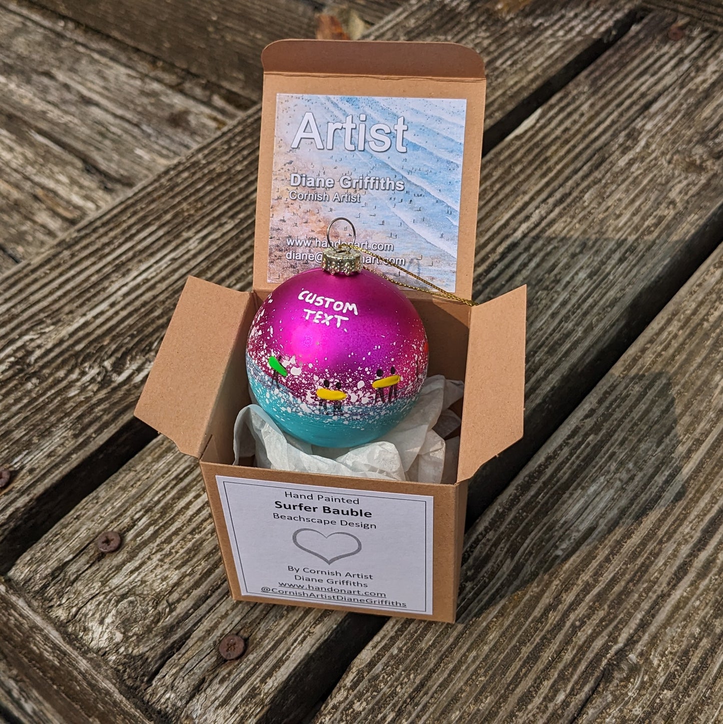 Hand Painted Bauble - Surfer - Pink - Customise Text