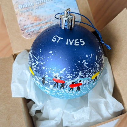 Hand Painted Bauble - Surfer - Dark Blue - Customise Text