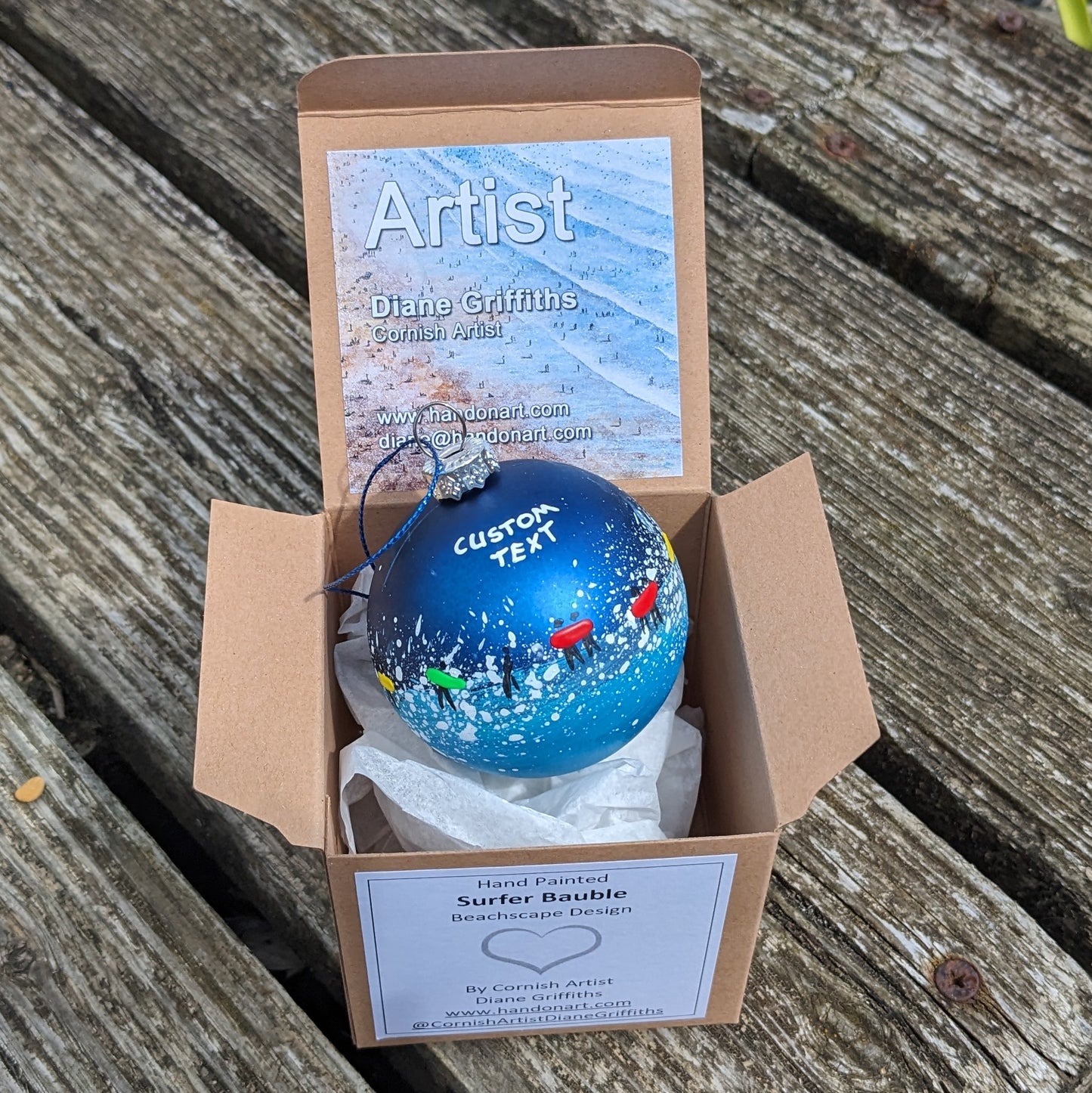 Hand Painted Bauble - Surfer - Dark Blue - Customise Text