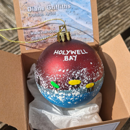 Hand Painted Bauble - Holywell Bay - Choose Colour